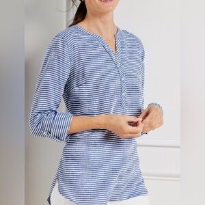 Talbots Linen Sweet Stripe Blue Band Collar Popover Roll Sleeve Size L